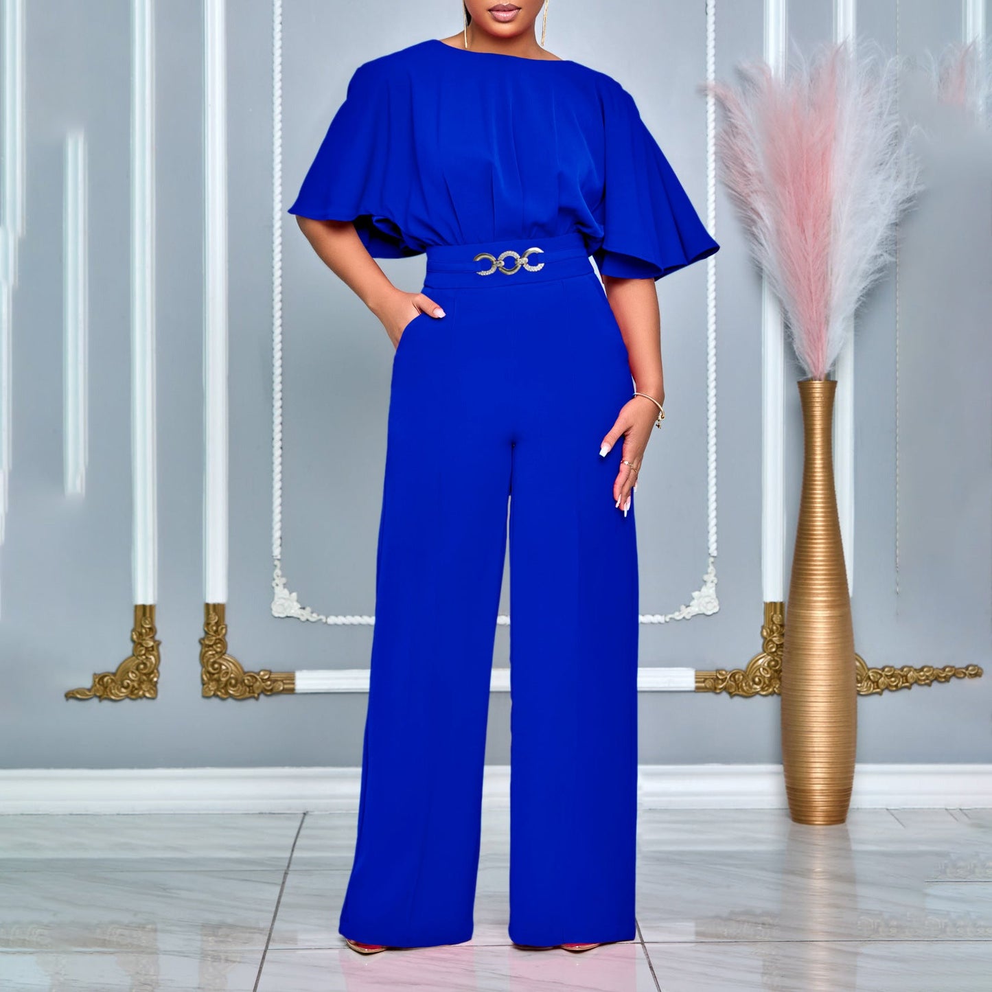 Fashion Round Neck Solid Color High Waist Plus Size African Wide Leg Jumpsuit - Pretty Boutique LLC