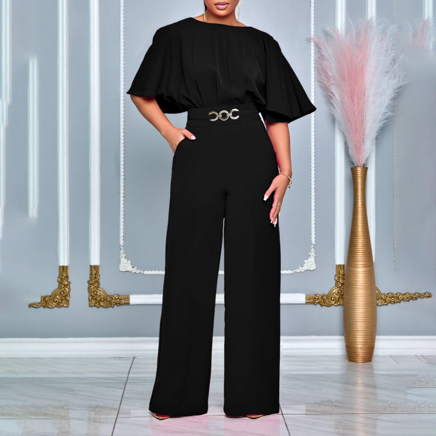 Fashion Round Neck Solid Color High Waist Plus Size African Wide Leg Jumpsuit - Pretty Boutique LLC